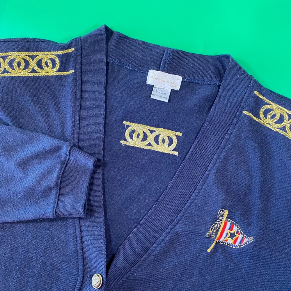 Para Vanessa Paris Womens Cardigan‎ Sweater Large Nautical Gold Anchor Navy